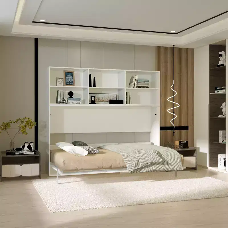 Twin Size Horizontal Wall Bed with 2-Layer Storage Rack and Hidden Gas Struts - Space Saving Furniture for Kids