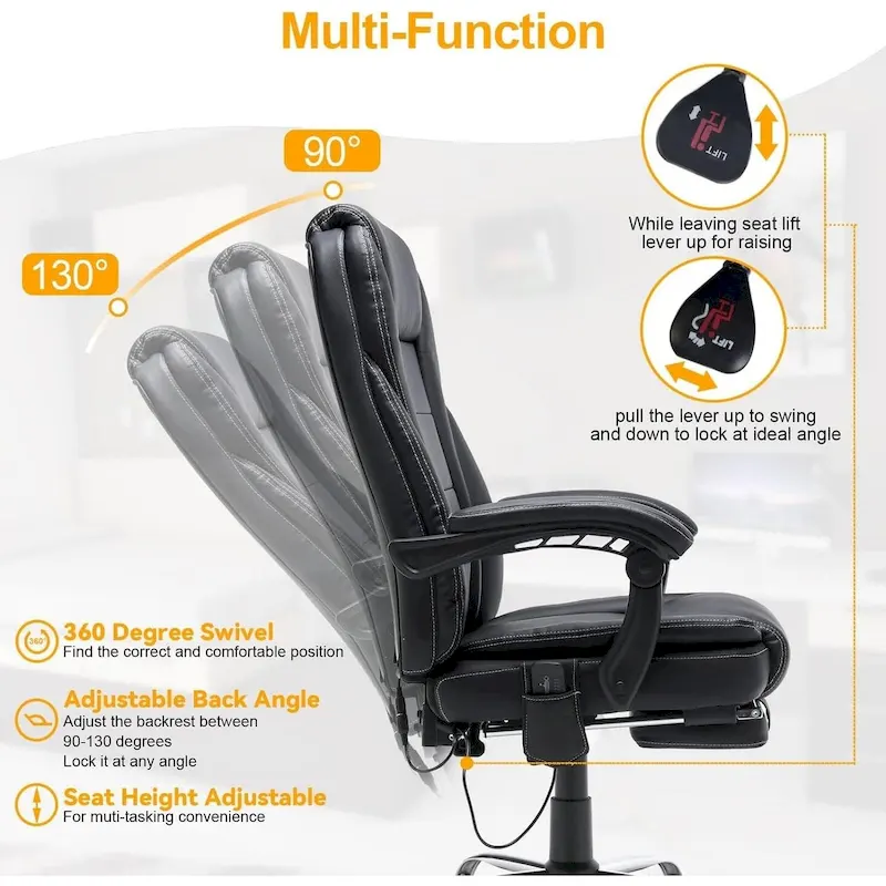 Ergonomic Heated Executive Office Chair, 2/4/6-Point Massage, Retractable Footrest, PU Leather
