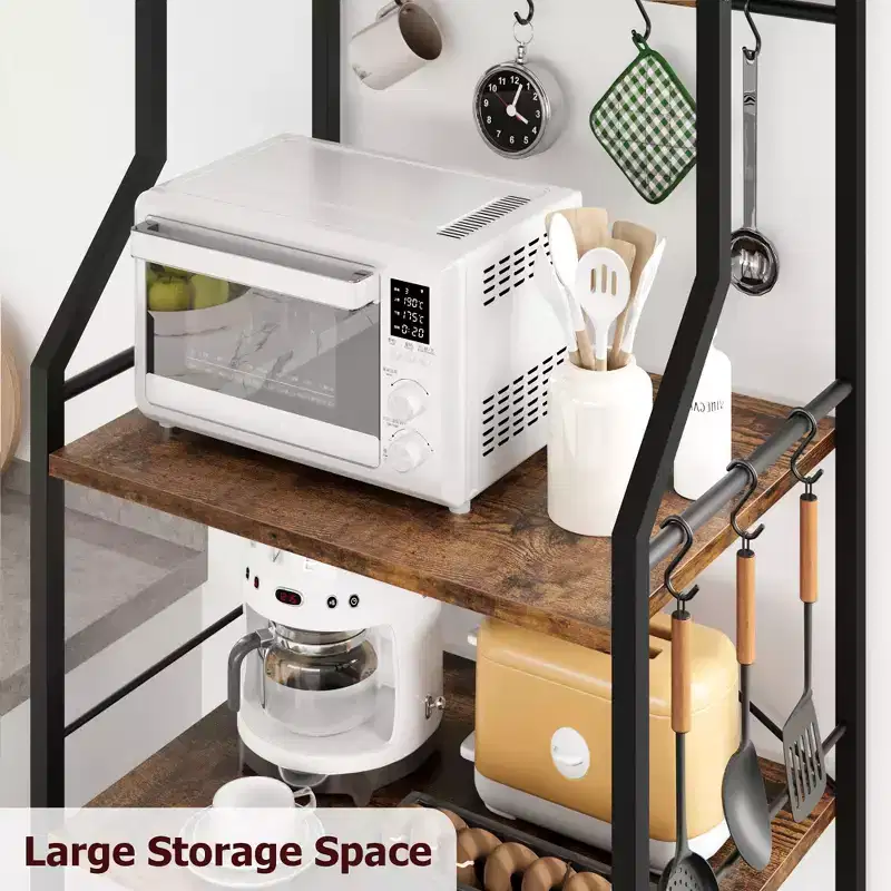 Freestanding Kitchen Bakers Rack, 5 Tier Microwave Stand with Wire Basket & Adjustable Feet, 50.7'' Tall Industrial Coffee Bar Statio