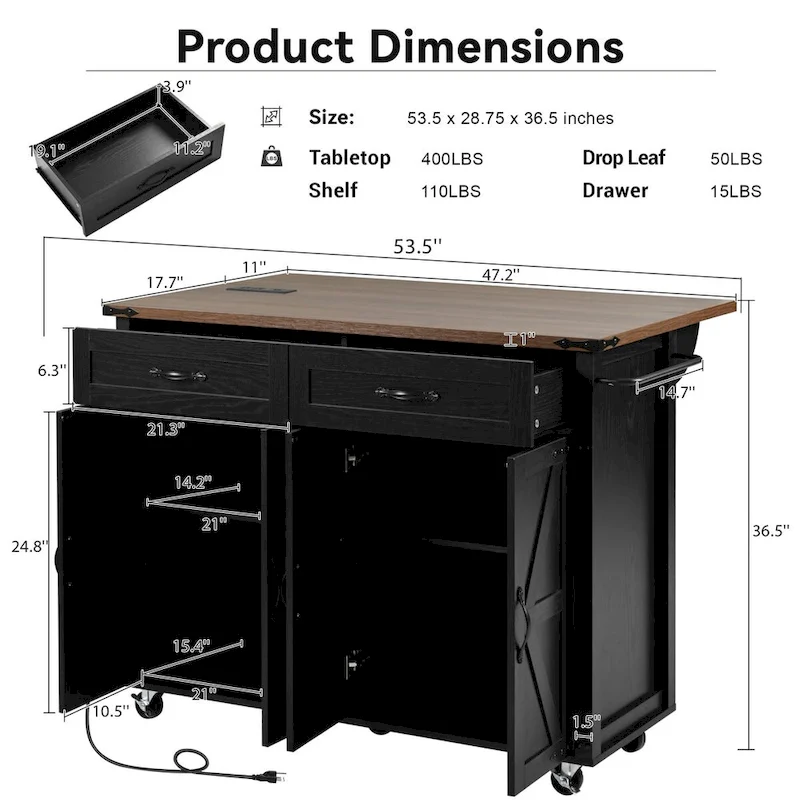53.5 Farmhouse Kitchen Island Cart with Power Outlet, Drop Leaf, Spice Rack, and 2 Drawers, 5 Wheels