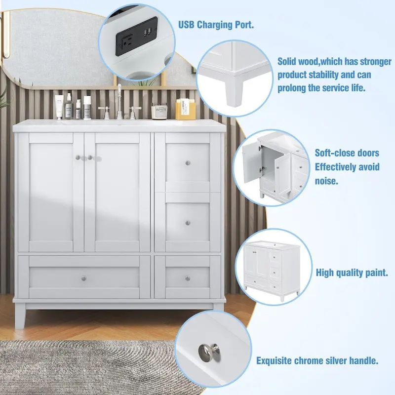 36 Inch Modern Bathroom Vanity with USB Charging and Single Resin top