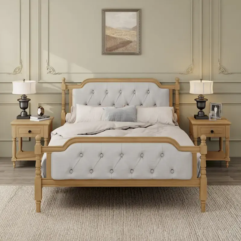 Solid Wood Bed Frame with Upholstered Tufted Headboard – No Box Spring Needed