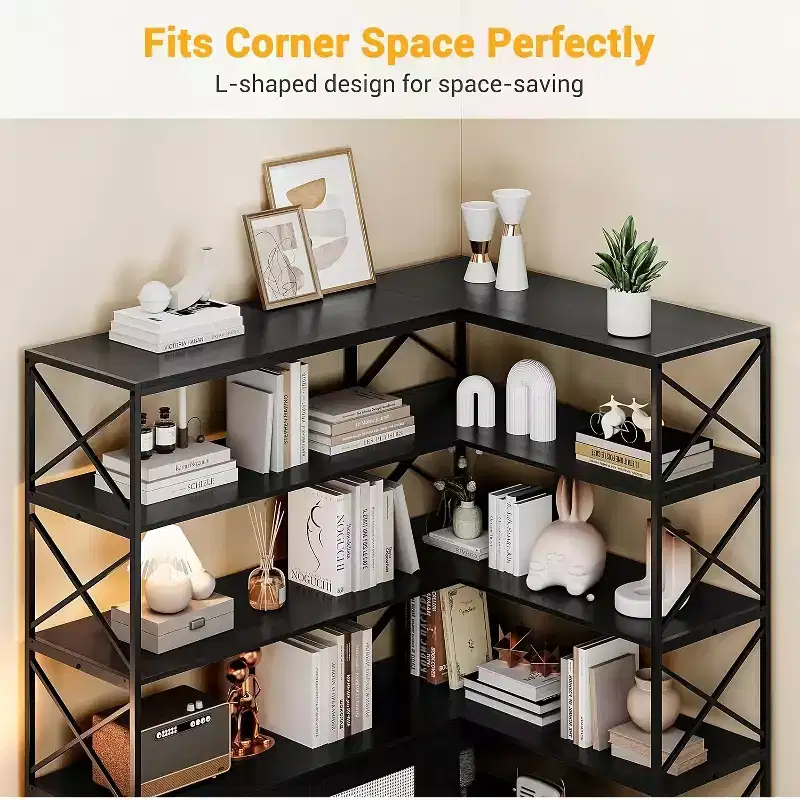 Garvee 6-Tier Industrial Corner Bookshelf,L-Shaped Bookshelf With Storage Cabinet,Large Display Shelf For Home Office, Living Room, Kitchen