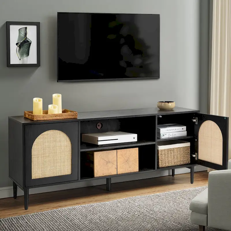 Modern Rattan TV Stand Entertainment Centers with Push-to-Open Doors