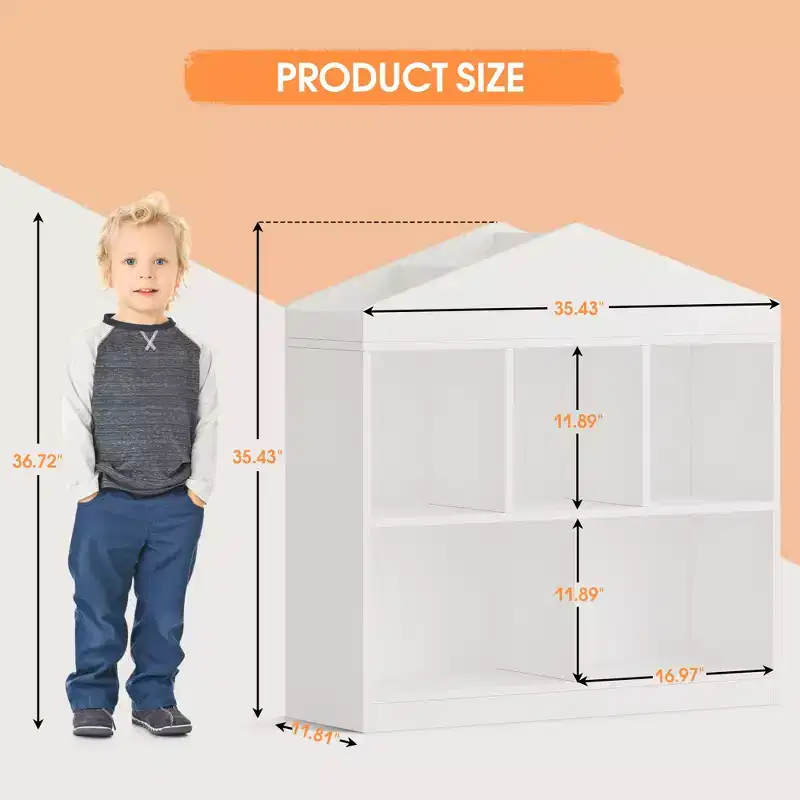 2-Tier Kids Bookshelf with Playhouse Roof Design, 5-Cubby Toy Storage Organizer for Playroom, Nursery & Kids Room