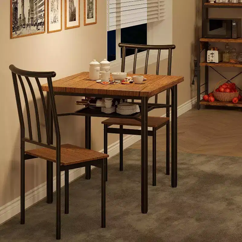 3-Piece Rustic Dining Set - Square Table & Chairs for 2 with Wine Rack, Small Space Kitchen