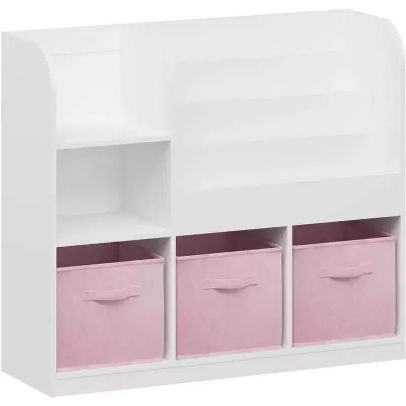 Kids Toy Storage Organizer with 3 Foldable Fabric Drawers, Wooden Open Shelf Bookcase with Storage Cubbies for Home Playroom, Hallway & Kindergarten