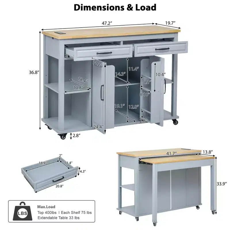 47 Kitchen Island with Extendable Dining Table Rubber Wood Veneer Kitchen Table with Storage Rack & Power Outlet & 2 Drawers 2 Cabinet Blue