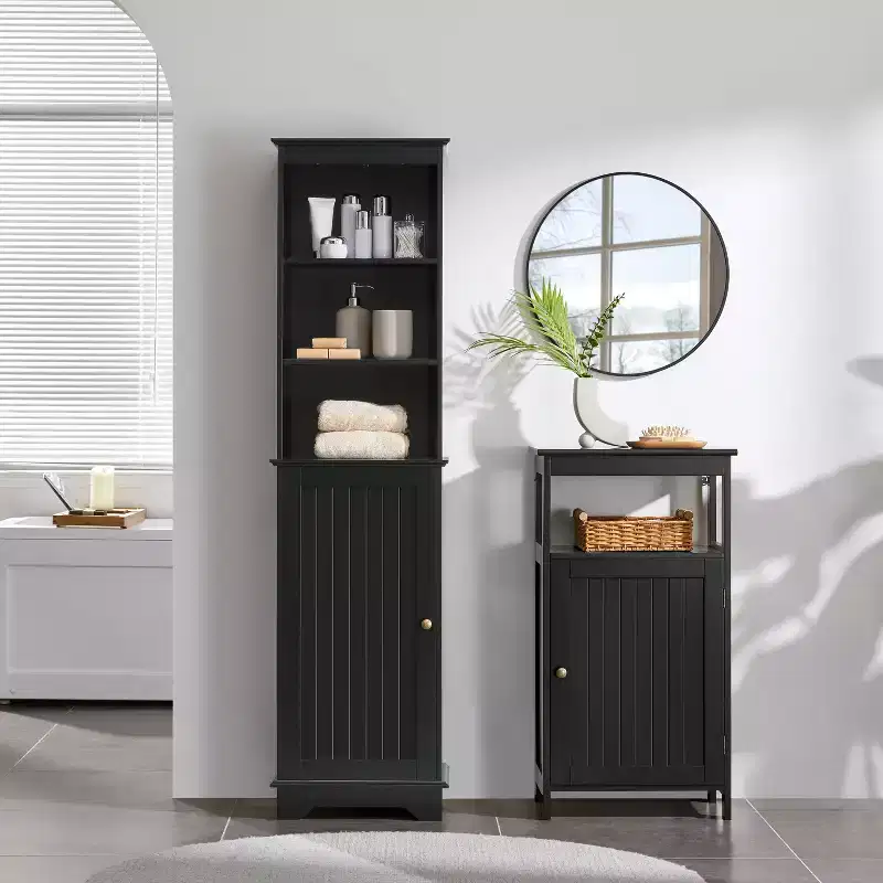 Yaheetech Wooden Bathroom Storage Cabinet with Open Shelves and Door Cabinet