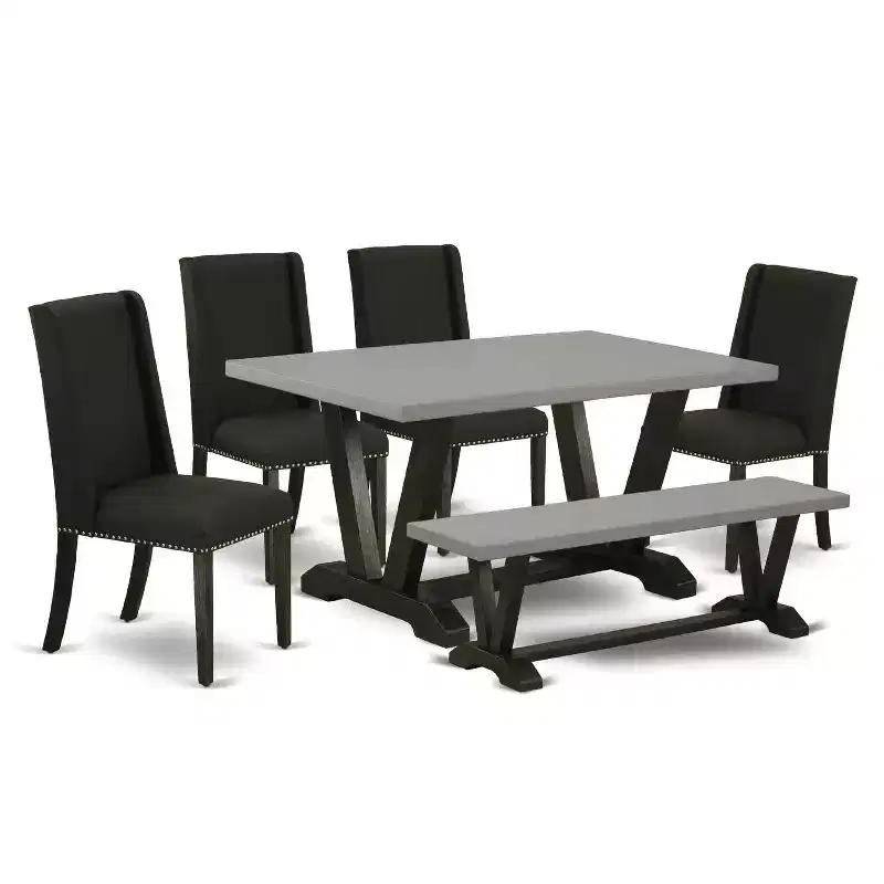 HomeStock 6-Pc Rectangle Natural Oak Finish Solid Wood Top Dining Table with 1-Bench, 4 Upholstered-Chairs