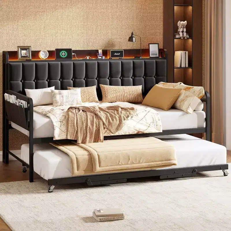 GustoWave Twin Daybed Bed Frame with Trundle, LED Light & Charging Station