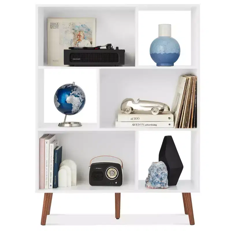 Best Choice Products 3-Tier Mid-Century Modern Wooden Bookcase w/ Removable Back Panels, Offset Pine Legs