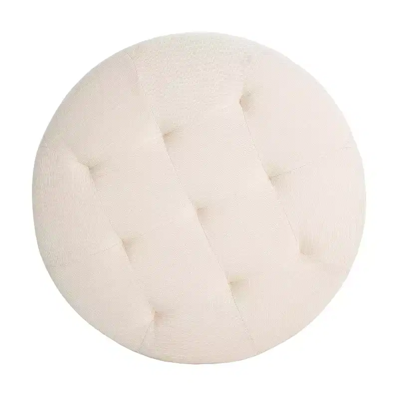 Round Button Tufted Ottoman, PU/Linen Upholstered Footstool with Birch Wood Legs
