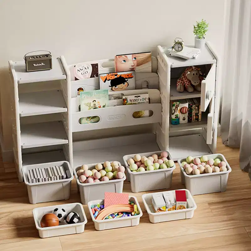 Whisen Kids Toy Storage Organizer, 8 Storage Cabinet Toy Bins, 4-Tier Book Storage and 2 Cabinet Storage - Gray & Ivory