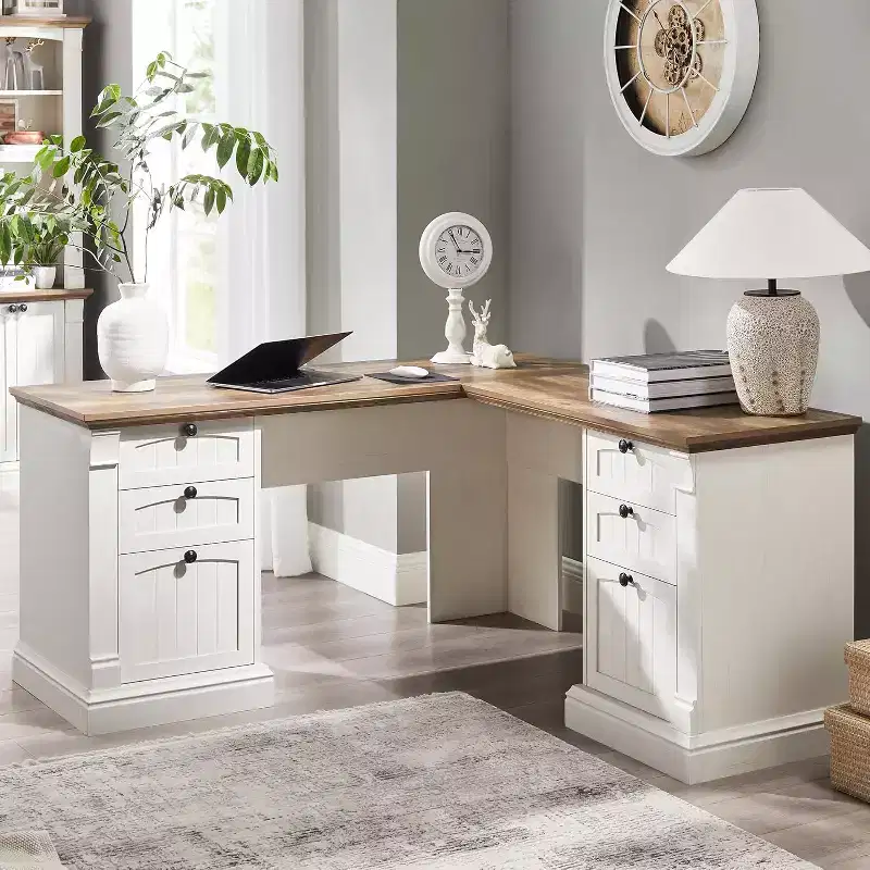 SinCiDo 60 L-Shaped Desk,Farmhouse Computer Desk with Charging Station,Filing Cabinet Storage, Drawer,Study Writing Desk