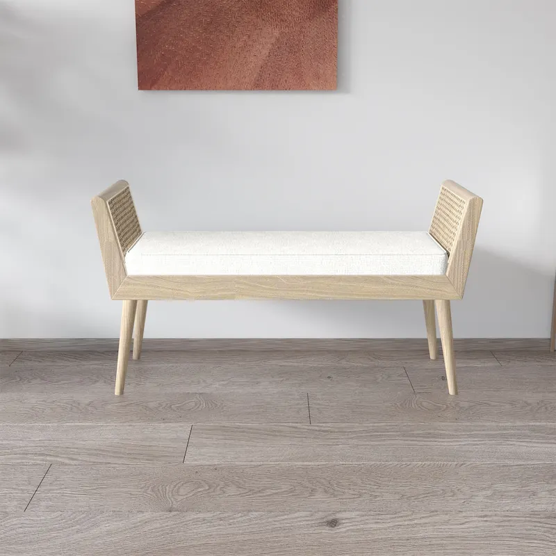 Aderyn Mid-Century Padded Bench with Raised Rattan Arms