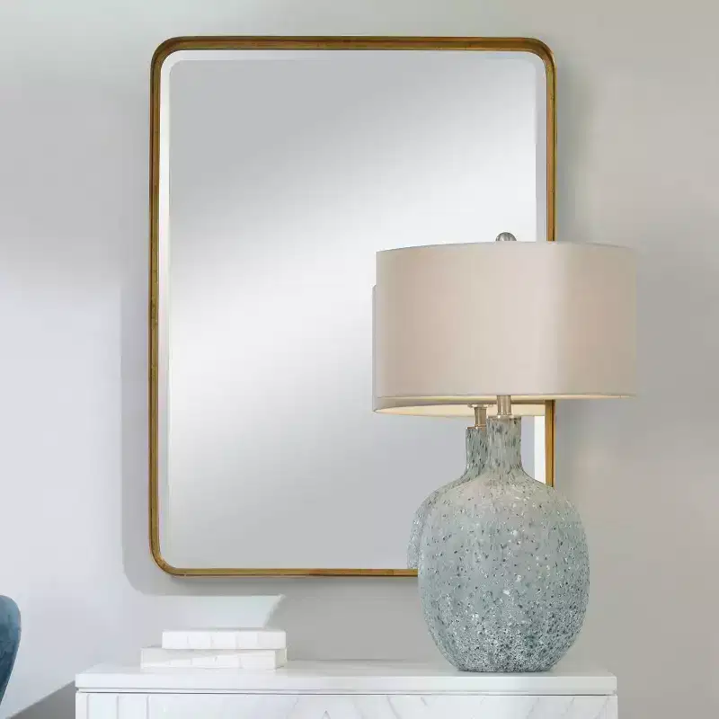 Uttermost Rectangular Vanity Decorative Wall Mirror Modern Beveled Antiqued Gold Iron Frame 30 Wide Bathroom Bedroom Living Room