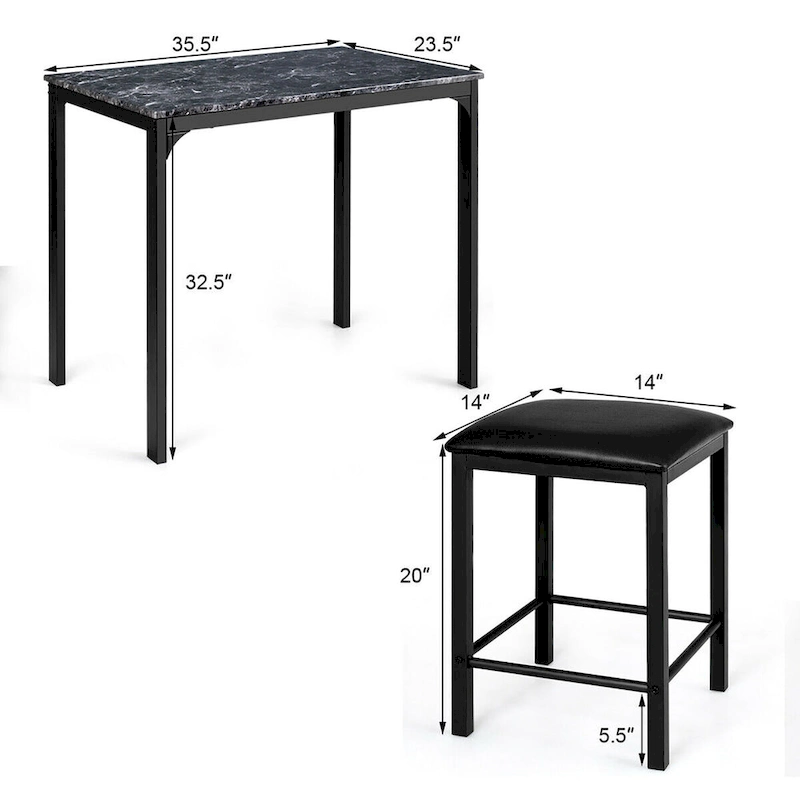 Costway 3 Piece Counter Height Dining Set Faux Marble Table 2 Chairs