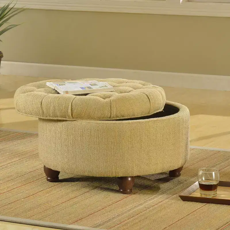 Tweed Tufted Storage Ottoman Tan/Cream - HomePop: Button Tufted, Wood Legs, Lift-Off Lid