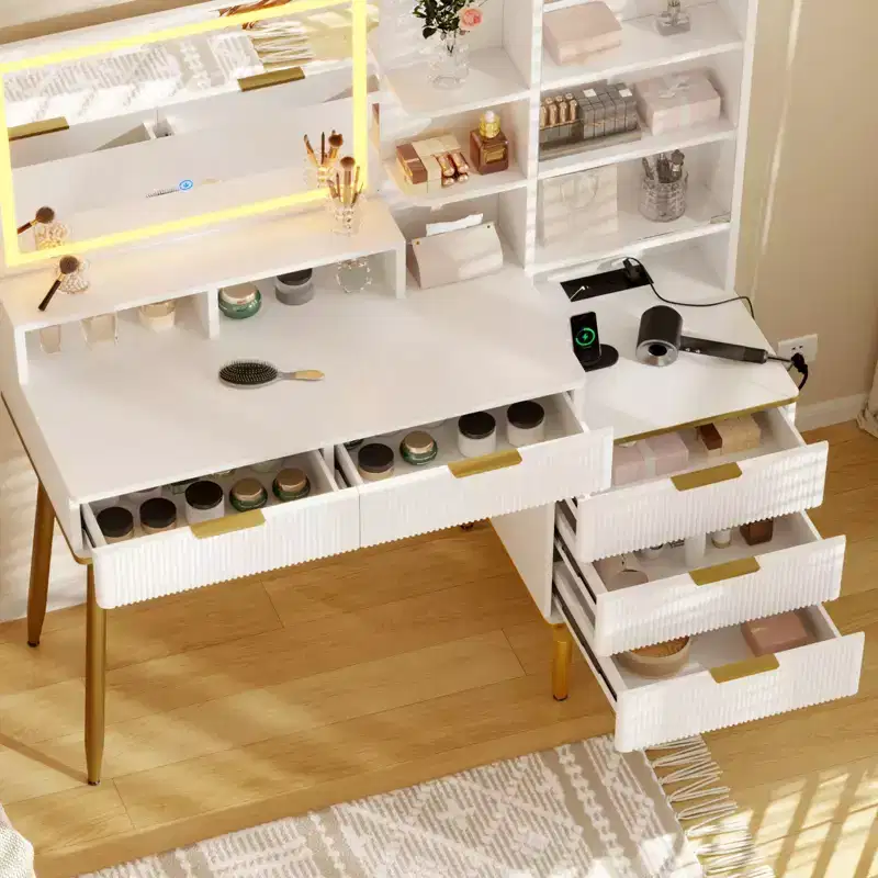 Makeup Vanity Desk with Lights, 24-Inch HD Lighted Mirror, 5 Drawers, Power Outlet & USB Ports, Fluted Dressing Table with Storage Shelf, White