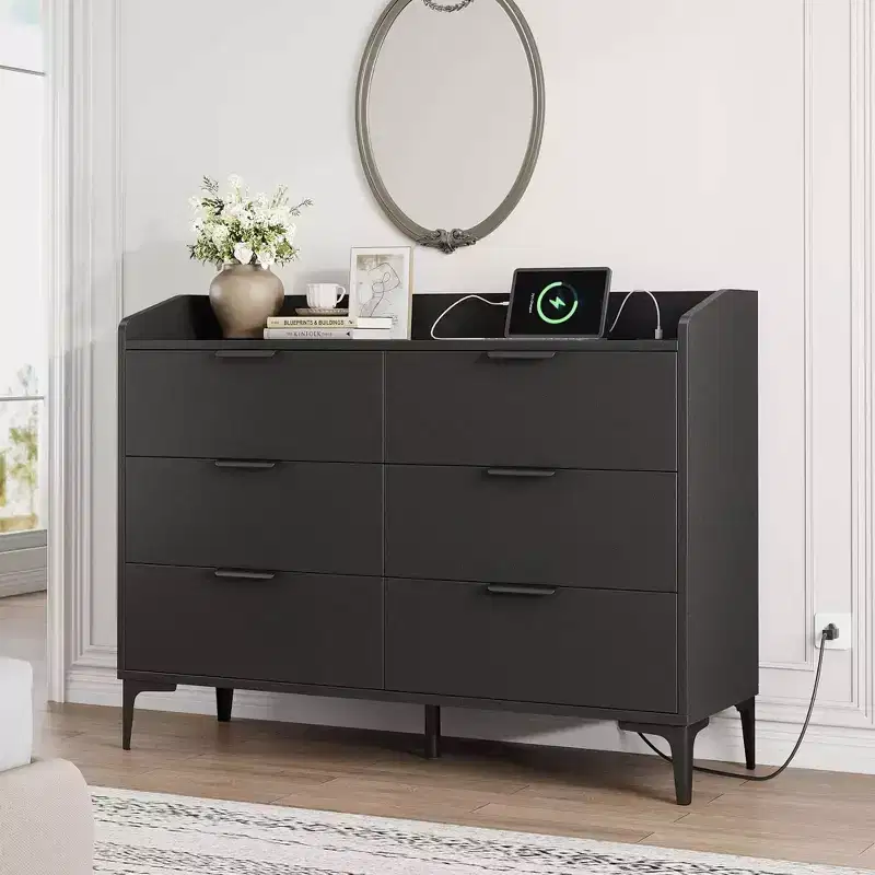 Modern 6-Drawer Wooden Dresser, Wide Closet Storage Chest - Freestanding Tall Vertical Organizer with Adjustable Feet