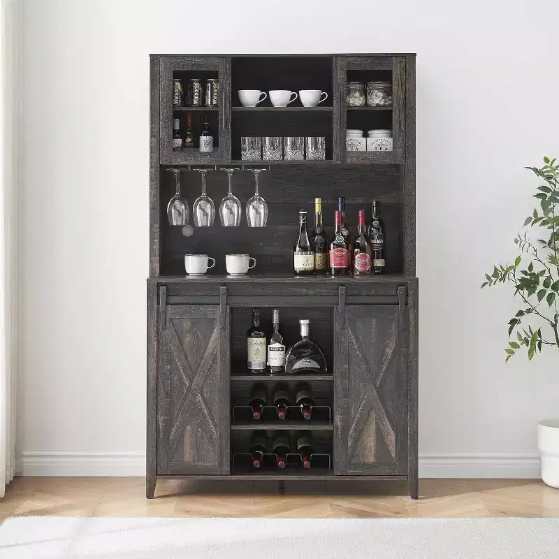 70 Tall Farmhouse Coffee Bar Cabinet with Sliding Barn Door, Ample Storage Buffet with 7 Adjustable Shelves