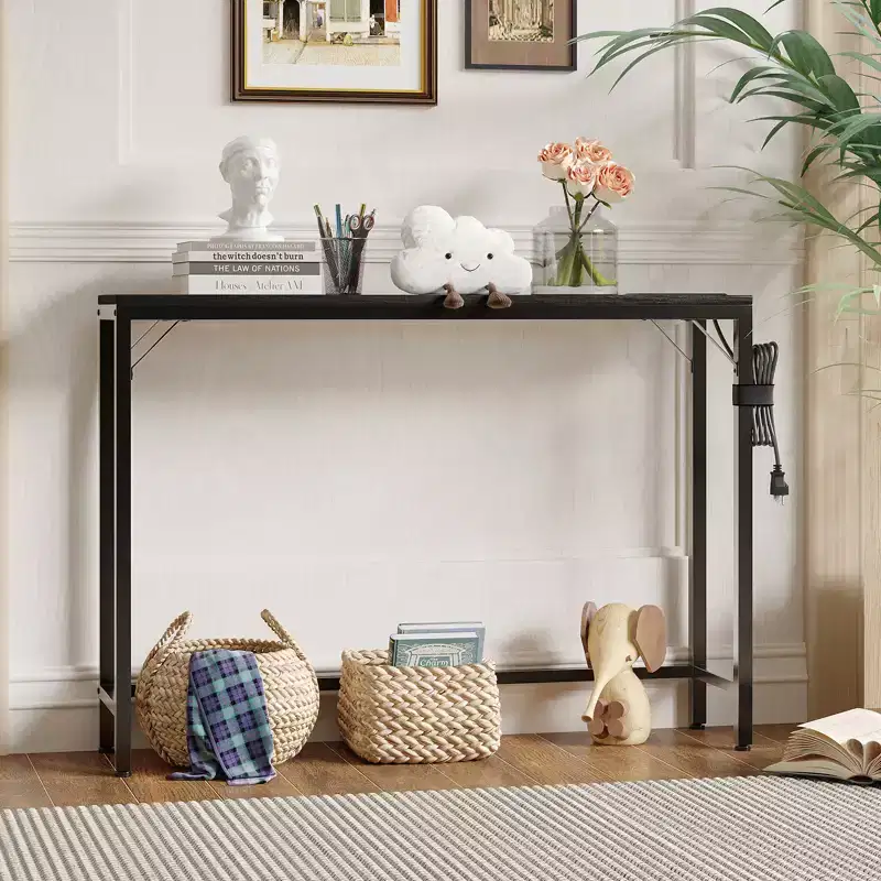 Narrow Black Console Table with Power Outlets & USB Ports, Slim Metal & Wood Accent Table