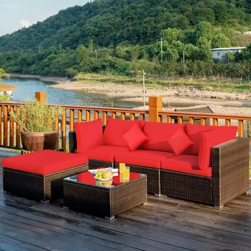 Costway 5PCS Patio Rattan Furniture Set Sectional Conversation Set W/Red Cushions