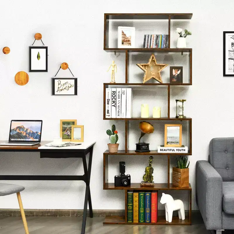 6 Tier S-Shaped Bookshelf Storage Display Bookcase Coffee