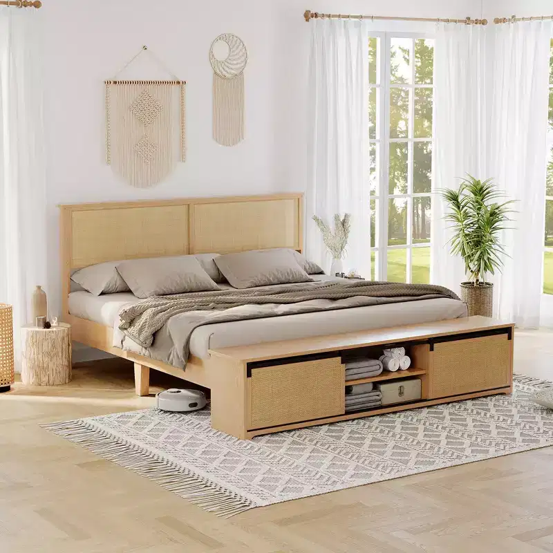 Whizmax Natural Rattan Bed Frame with Sliding Barn Door Storage Cabinets and LED Light Headboard, Boho Farmhouse Wood Platform Bed