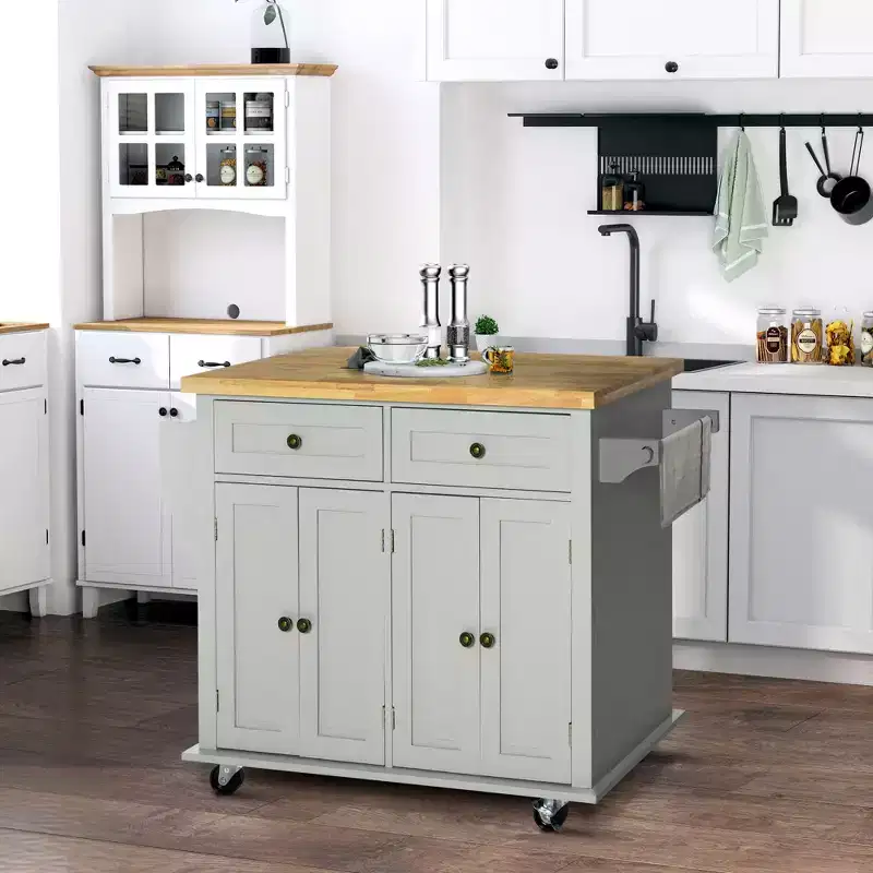 Farmhouse Kitchen Island with Rubberwood Top, Kitchen Cart with Spice Rack, Towel Rack and Drawers