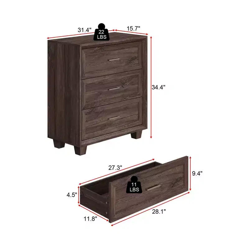 Large Capacity 3 Drawer Nightstand Vintage Wood Bedside Table Side Cabinet