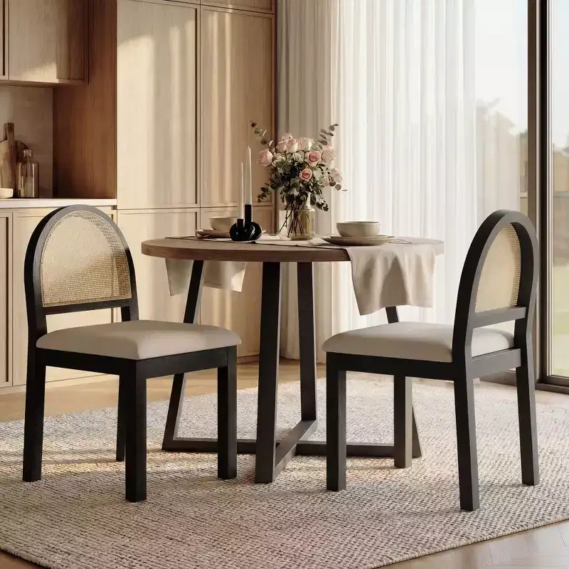 TYBOATLE Mid-Century Modern Dining Chairs with Handwoven Rattan Backrest and Padded Chenille Seat for Kitchen Dining Room