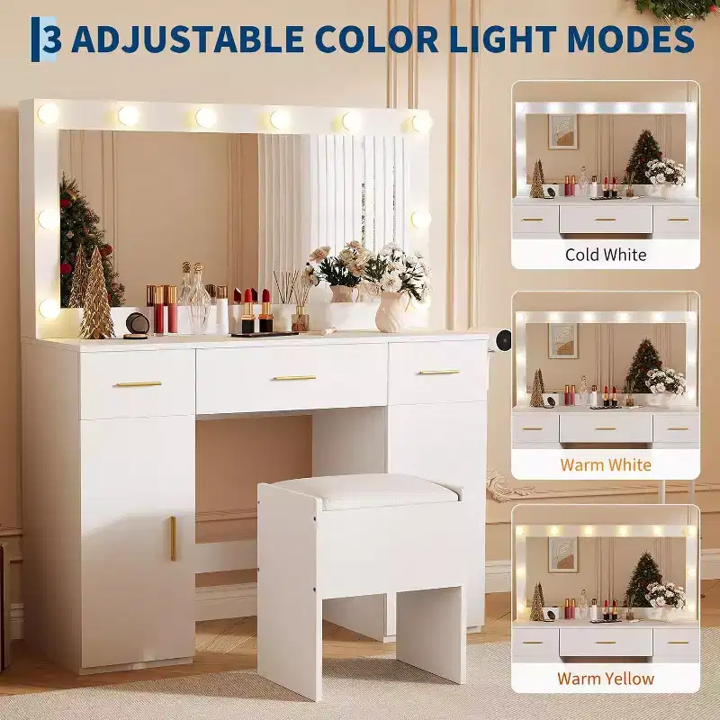 Vanity Desk with Mirror and Lights, Large Makeup Vanity Table with Power Outlet and Stool, White Vanity Dressing Table for Bedroom Dressing Room