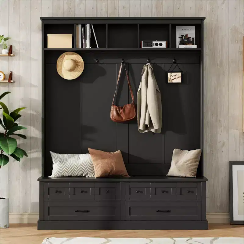 Elegant Hall Tree with 5 Hooks, Wide Coat Rack with Lift-Top Storage Bench and 2 Drawers, Coat Tree for Living Room, Hallway, Black