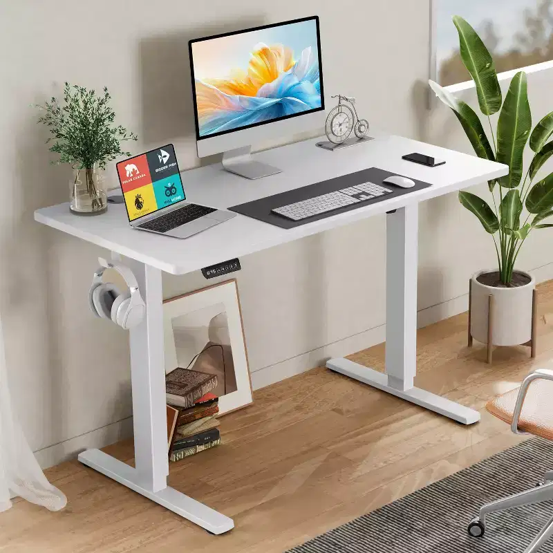 Electric Height-Adjustable Standing Desk, Splice Board Desktop, 2 Hooks & Cable Management, White
