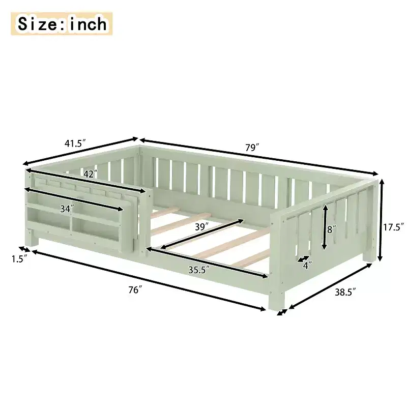Bellemave Twin Floor Bed with Built-in Bookshelf and Safety Guardrail,Pine Wood Floor Bed Frame for Kids,No Box Spring Needed,Avocado Green