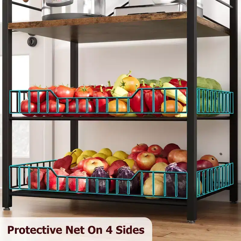 Freestanding Kitchen Bakers Rack, 5 Tier Microwave Stand with Wire Basket & Adjustable Feet, 50.7'' Tall Industrial Coffee Bar Statio
