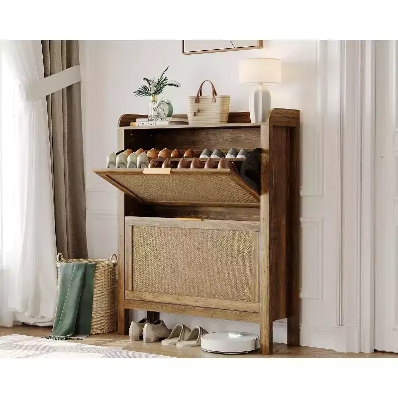 Rattan Shoe Cabinet Farmhouse, 32 Inch Narrow Shoe Storage with 2 Flip-Down Drawers, Freestanding Entryway Organizer with Adjustable Shelves, Brown