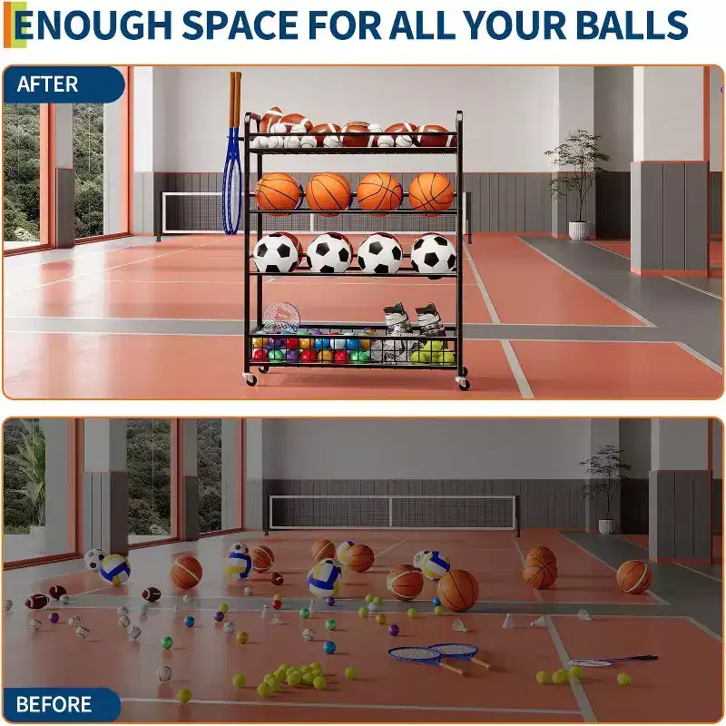 Black 4-Layer Rolling Sports Rack with Hooks – Family Use