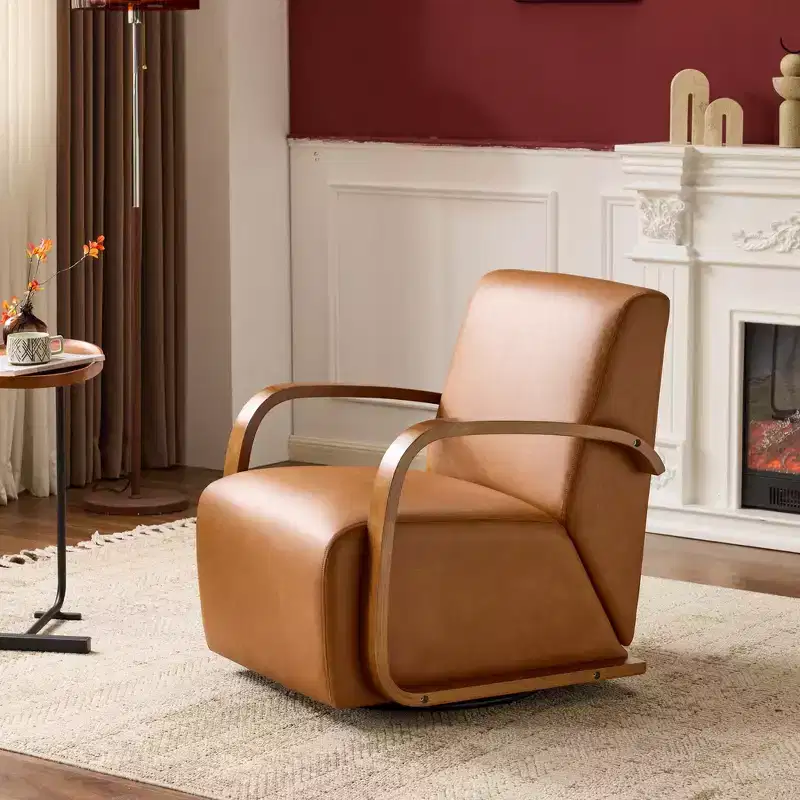 Zeus & Ruta Vintage Brown Luxe Faux Leather Upholstered 360 Swivel Accent Chair with Solid Wood Curved Arms