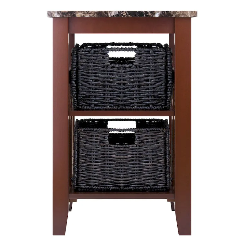 Accent Table with 2 Foldable Corn Husk Baskets – Faux Marble Top, Dark Chocolate & Walnut, 16.5x20x25