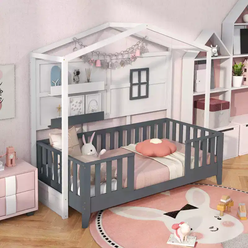 Costway Twin Size Kids House Bed with Fence Window Wooden Slats & 2 Storage Shelves