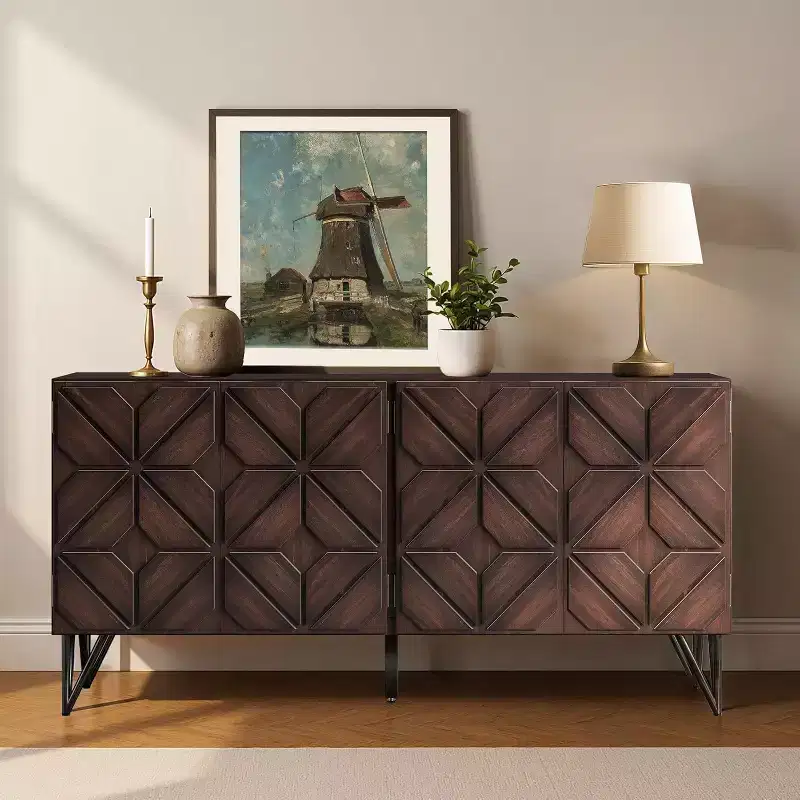 AMERLIFE 63 Acacia Wood Sideboard Buffet with Hand-Carved Geometric Door, Console Cabinet with Adjustable Shelves, Dark Walnut