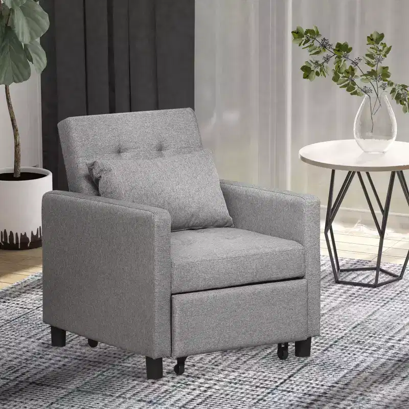 Convertible Sofa Lounger Chair Bed with Adjustable Backrest, Tufted Fabric Upholstery, and Pillow, Gray
