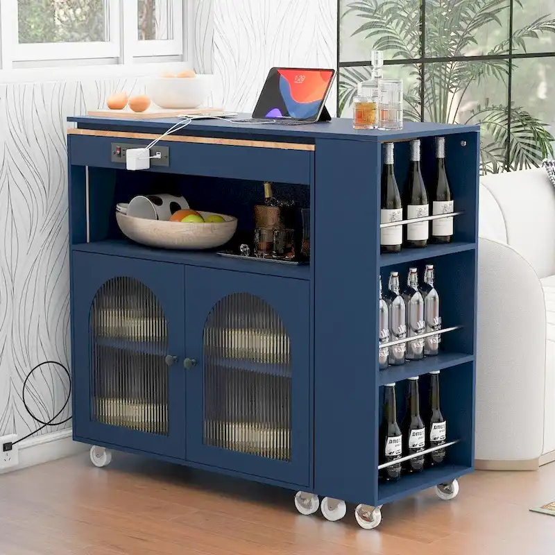 Rolling Kitchen Island: Extended Table, Power Outlets, Glass Doors