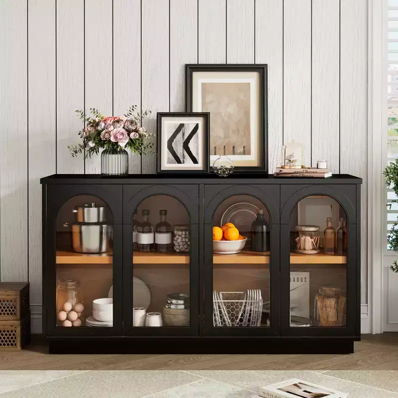 4-Door Large Storage Dining Cabinet With Glass Doors, Arched Cabinet With Adjustable Shelves For Kitchen, Dining Room