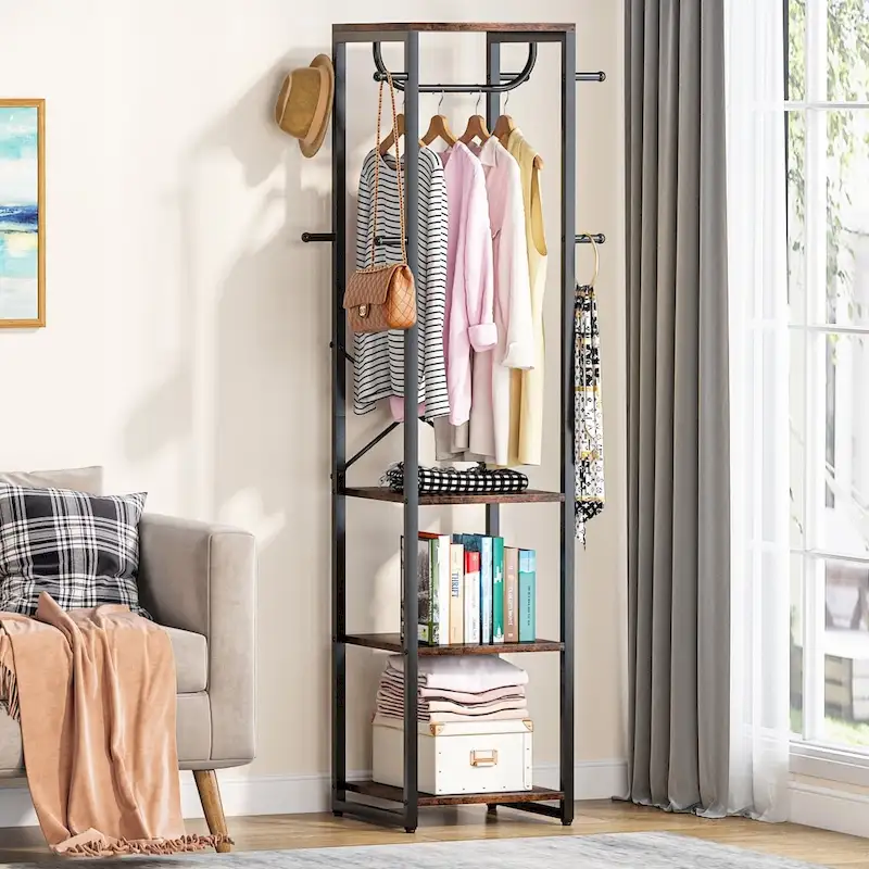 Freestanding Coat Rack with Shelves, 4 Shelves and 8 Hooks