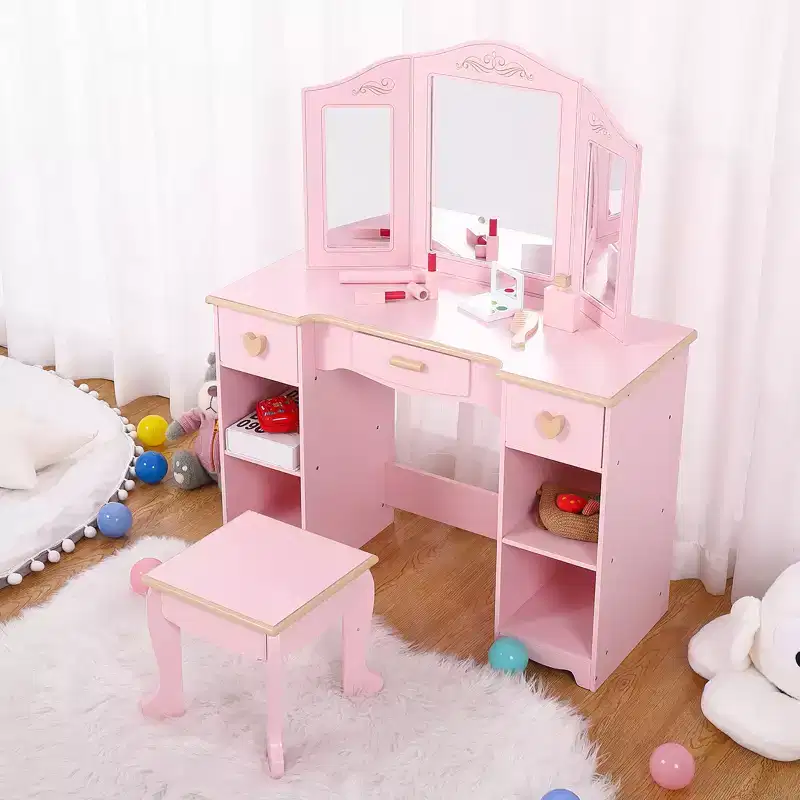 COZONY Kids Vanity Table and Stool Set - Pink Girls Dressing Desk with Mirror, Drawers & Storage Shelves