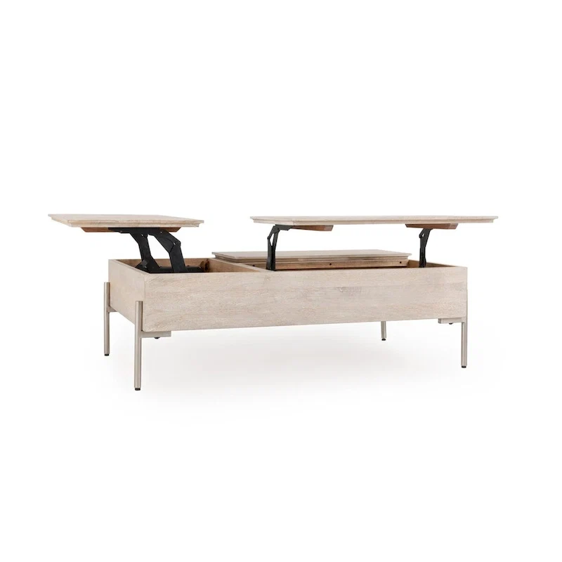 Mango Wood Lift Top Coffee Table in White, Dual Lift Sections for Storage and Desk Use